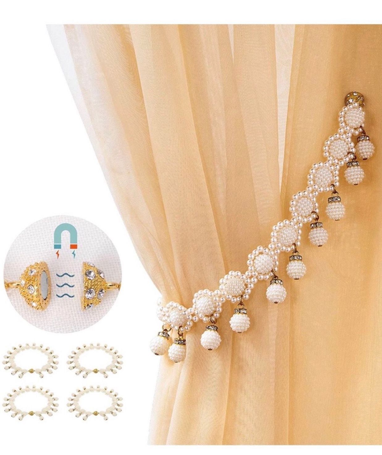 Magnetic Curtain Tie Back Pearl Bead Curtain Ties Clips for Window Drapries (4pcs) white