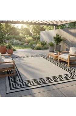 Outdoor Area Rug 9’ x 12’, Fade-Resistant Reversible Patio Mat, Waterproof, Black & White