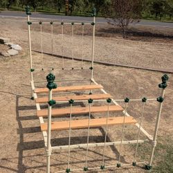 Antique Cast Iron and Wood Full Bed Frame Cream with Green Accents Vintage Style