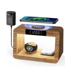 Bamboo Wireless Charging Station,Wireless Charger with Digital Alarm Clock and Light - New 