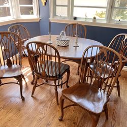 Vintage Nichols & Stone Solid Oak Windsor Dining Table Set * Oval 2 Captain / 6 Chairs 2 Leaves!