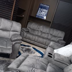 *Wow!!!*---Charming Barcelona Gray Fabric Reclining 3 Piece Sets---Delivery And Financing Available🫡