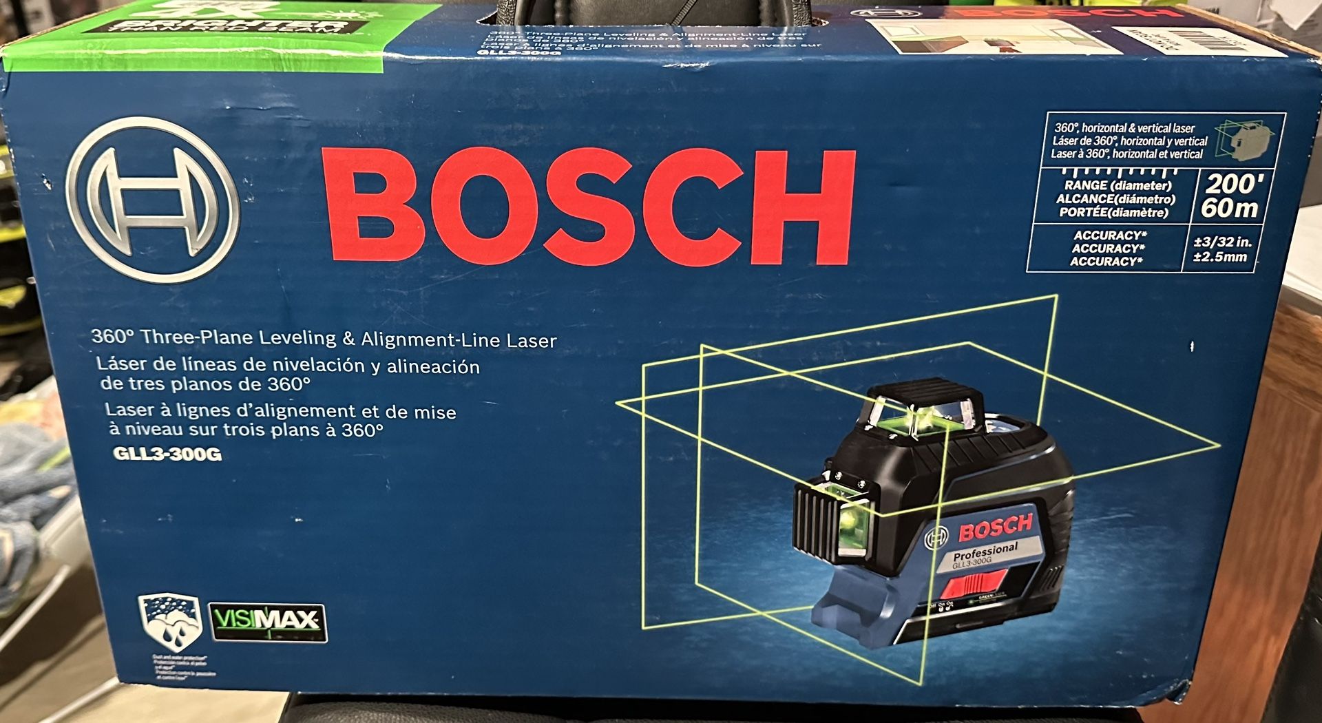 Bosch 300 ft. Green 360-Degree Laser Level Self Leveling with Visimax Technology, Fine Adjustment Mount and Hard Carrying Case