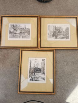 Set a three european etchings, paris and venice signed by artists C. M. D'Acurio