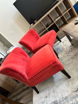 Pair of Red Velvet Accent Chairs with Nailhead Trim