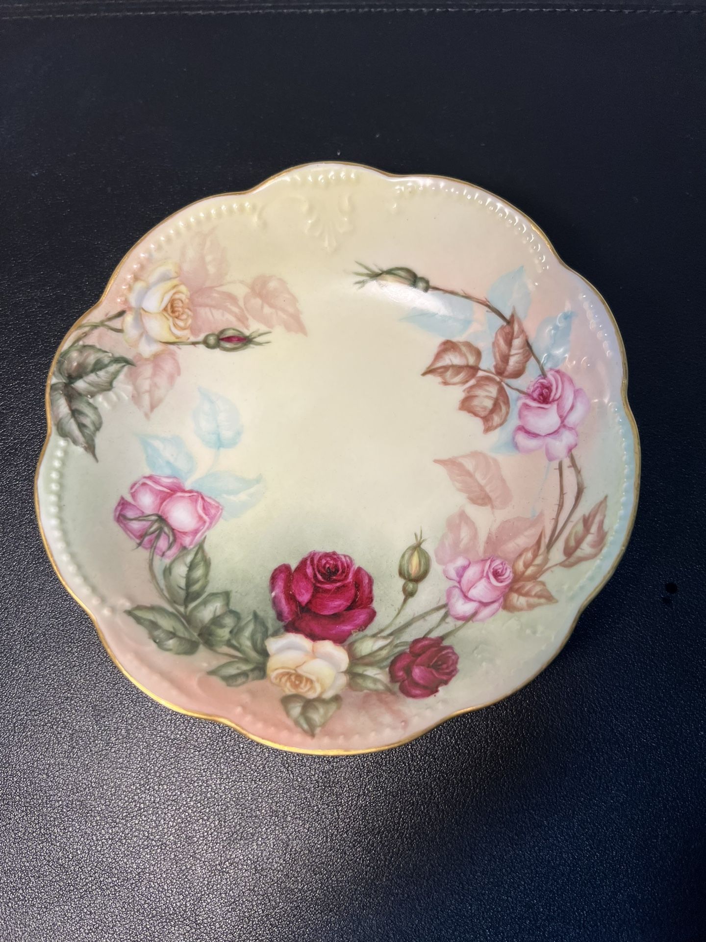 AK France Limoges Antique 1900s Hand Painted Roses Berry Bowl Pastel Yellow 5.5"