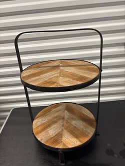 2 Tier Chevron Wood and Black Metal Display