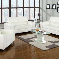 Brand New White Chrome Leather 3pc Living Room Set 