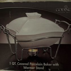 Goldinger Silver Art  Co. 1 Qt Covered Porcelain Baker With Warmer Stand