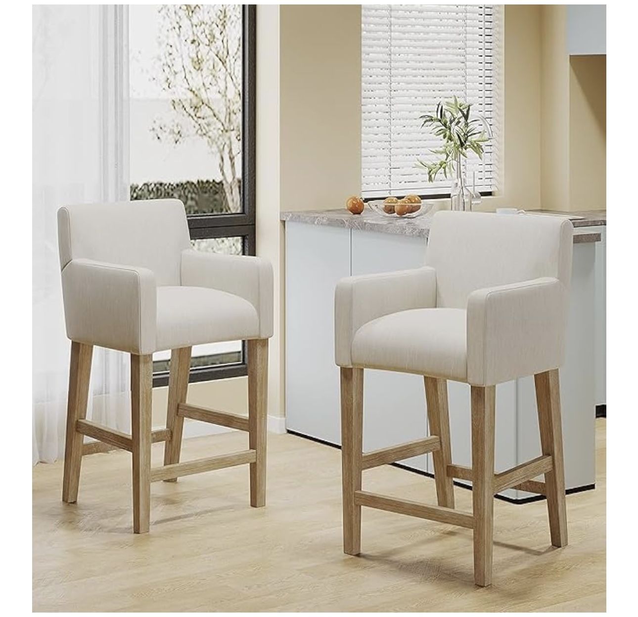 26" Fabric Upholstered Wood Stool with Backrest and Armrests- Beige