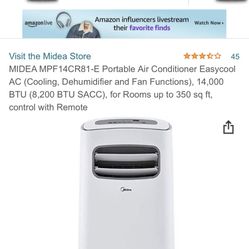 New In Box, MIDEA MPF14CR81-E Portable Air Conditioner Easycool AC (Cooling, Dehumidifier and Fan Functions), 14,000 BTU (8,200 BTU SACC), for Rooms u
