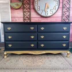 Matte Black Solid Wood Long 6 Drawer Dresser 