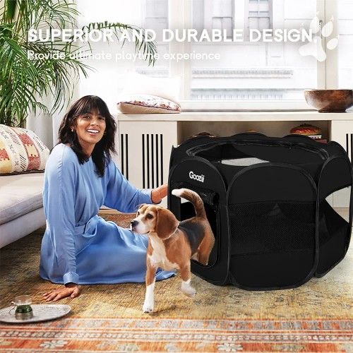 GOOZII Puppy Playpen Indoor for Small Dogs, Portalble Pet Dog Play Pens Kennel Crate with Top Cover Floor Door Enclosed for Large Cats Animal as Dog L