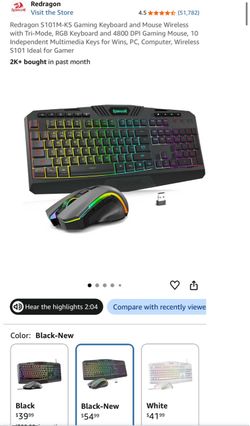 Redragon S101M-KS Gaming Keyboard and Mouse Wireless with Tri-Mode, RGB Keyboard and 4800 DPI