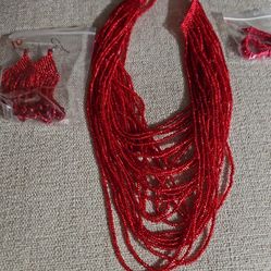 Elegant Red Beaded Necklace and Earring Set
