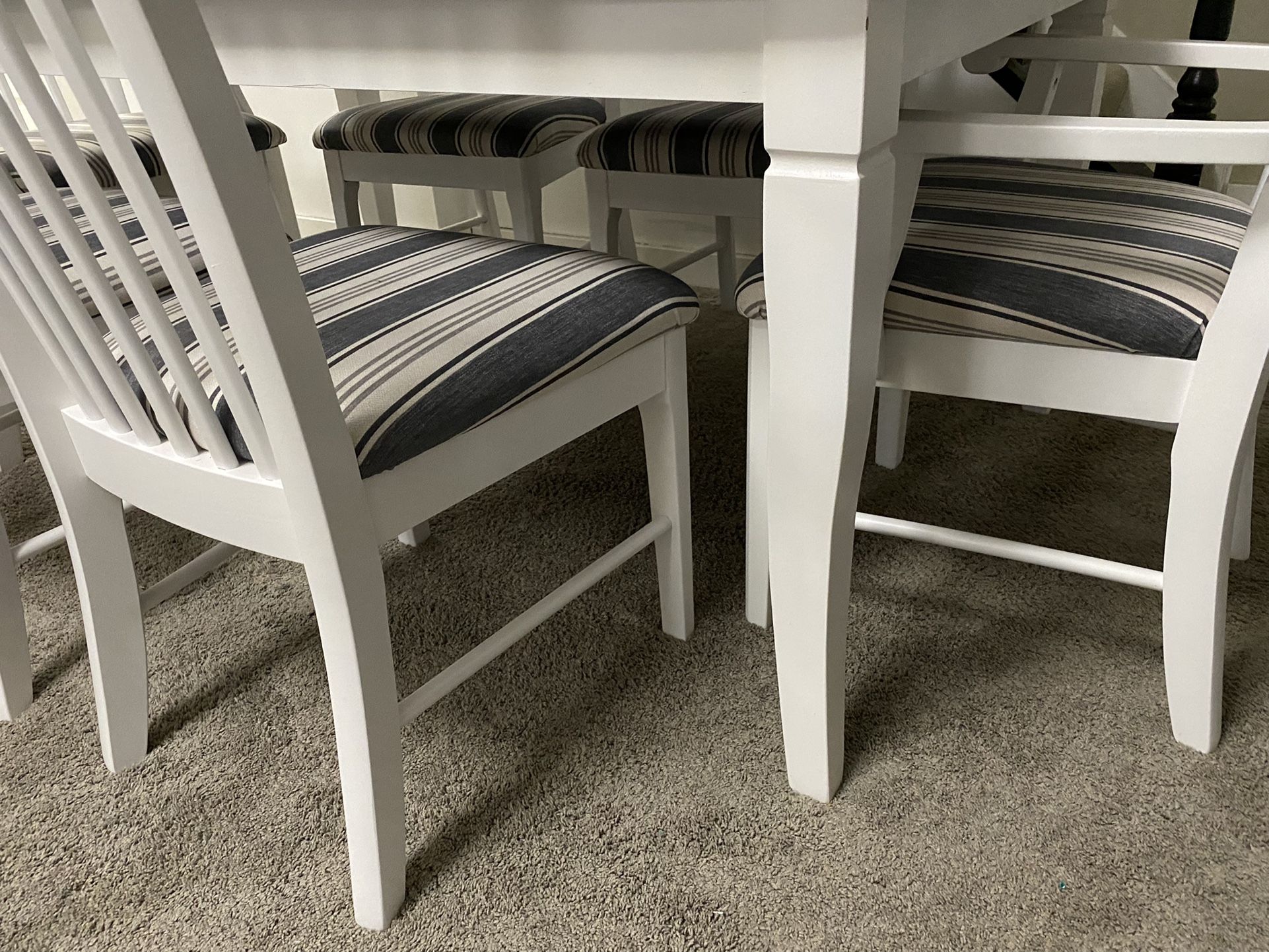 Refinished Dining table with leaf and 6 chairs ( charcoal / white ), new fabric