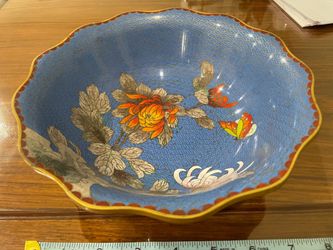 Vintage Chinese Cloisonné Blue Enamel Scalloped Floral Bowl