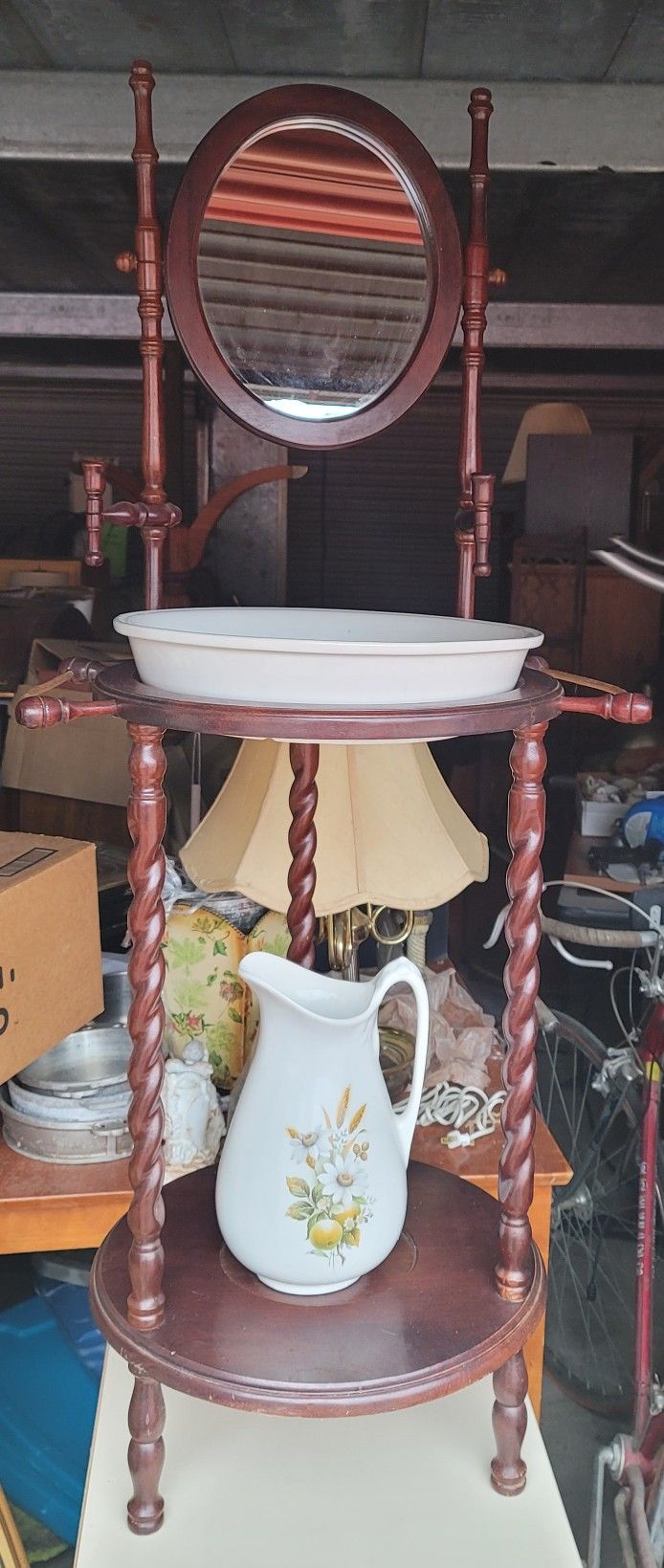 Vintage Victorian Oak Wood Wash Basin Stand with Mirror Barley Twist Legs Candle