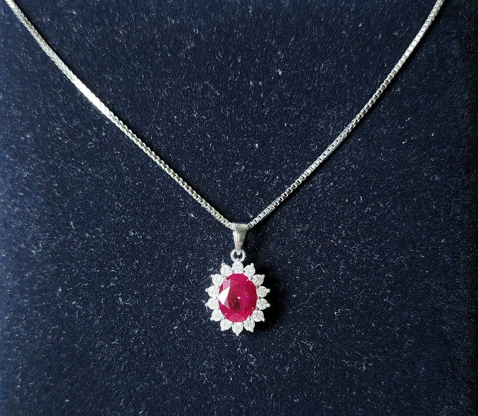 Ruby & White Sapphire Halo Necklace