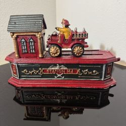 Fire Truck /Station H.1 Truck Mechanical Coin Bank Die Cast Iron - Works