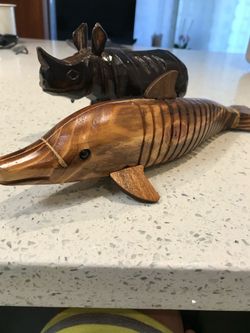 Gorgeous Hand Carved  And Hand Painted  Wooden  Animal Figurines.  Fish is 12.5 inch L and 3.5 inch H and a Rhinoceros L -8 inch and H- 4.5 inch.