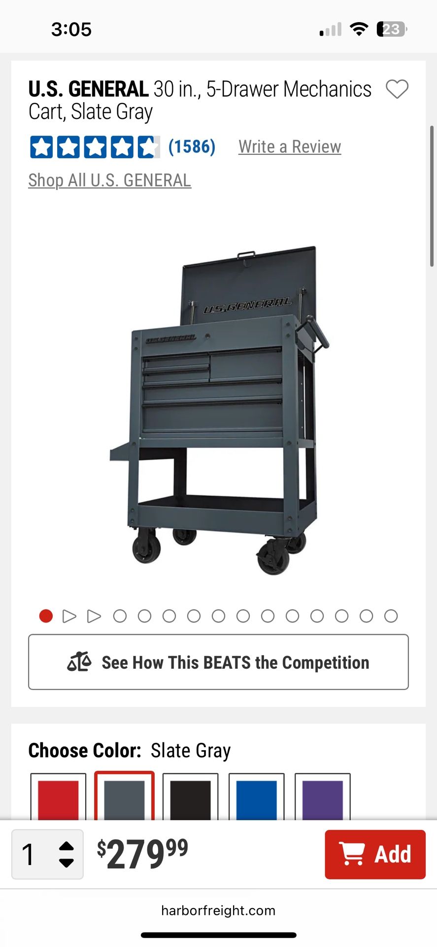 U.S. GENERAL 5-Drawer Tool Box
