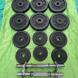 ADJUSTABLE DUMBBELLS (88 TOTAL LBS.) =2 BARS + (SIX) 10s / (TWO)  5s  / (FOUR) 3s 