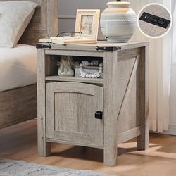 E24 $50  set of 1 Farmhouse End Table with Charging Station, 18" Rustic Nightstand with Adjustable Storage Shelf, Wood Rustic Wood Sofa Side Table for