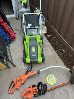 Electric Lawnmower, Weed Trimer And Bushes Trimmer (All 3)