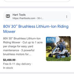 Hart Riding Lawn Mower 80V 30” Brushless Lithium-ION NEW