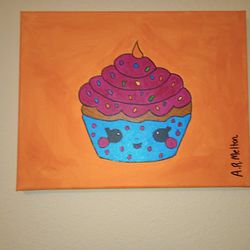 Pink Frosted Cupcake Acrylic Painting On Canvas Wall Art 11x14"