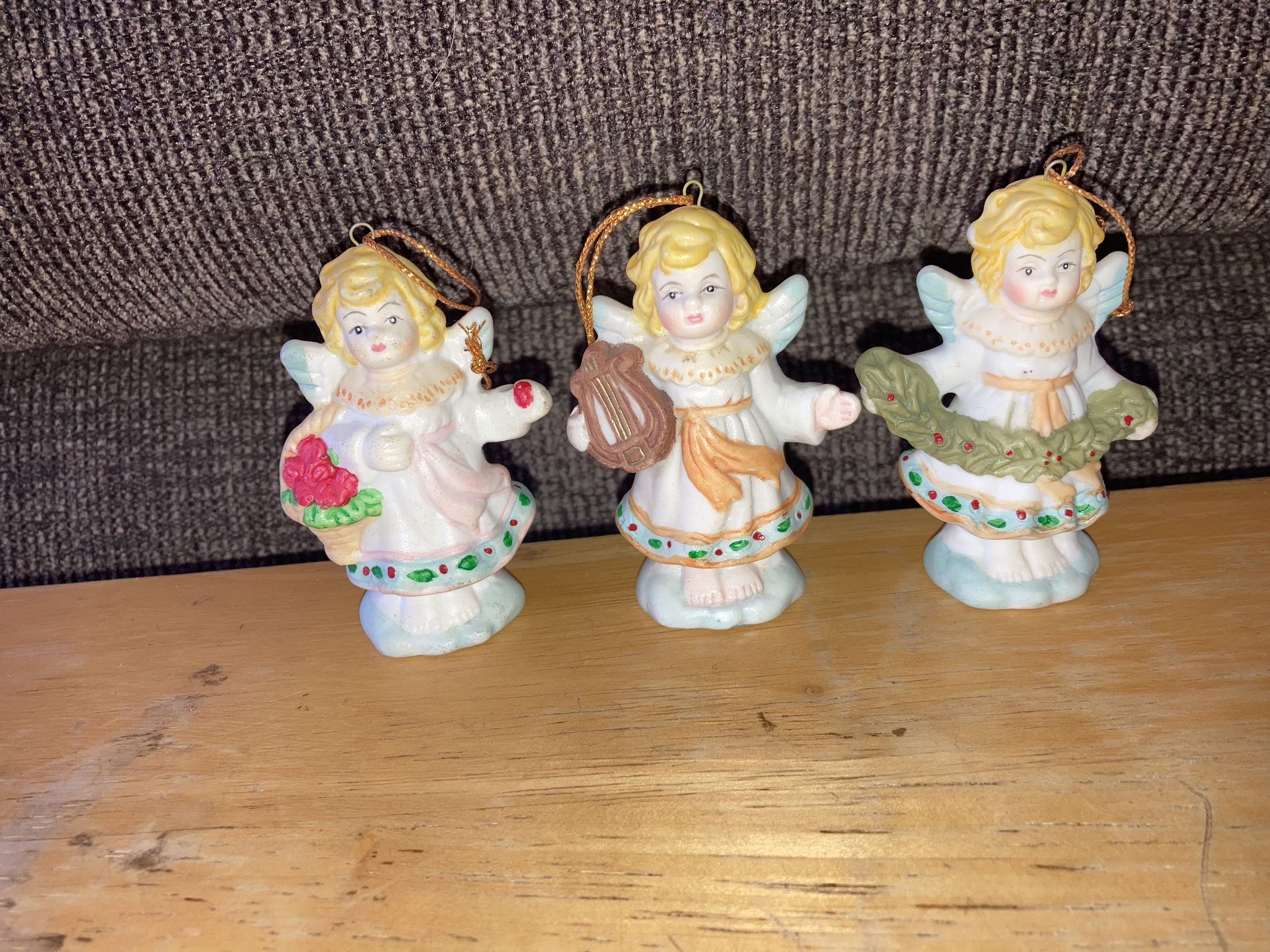3 Porcelain Angel Roses Christmas Ornaments