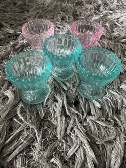 Vintage Clear Transparent 3 Teal Blue and 2 pink Glass Crystal Egg Holder Easter Decor 2"