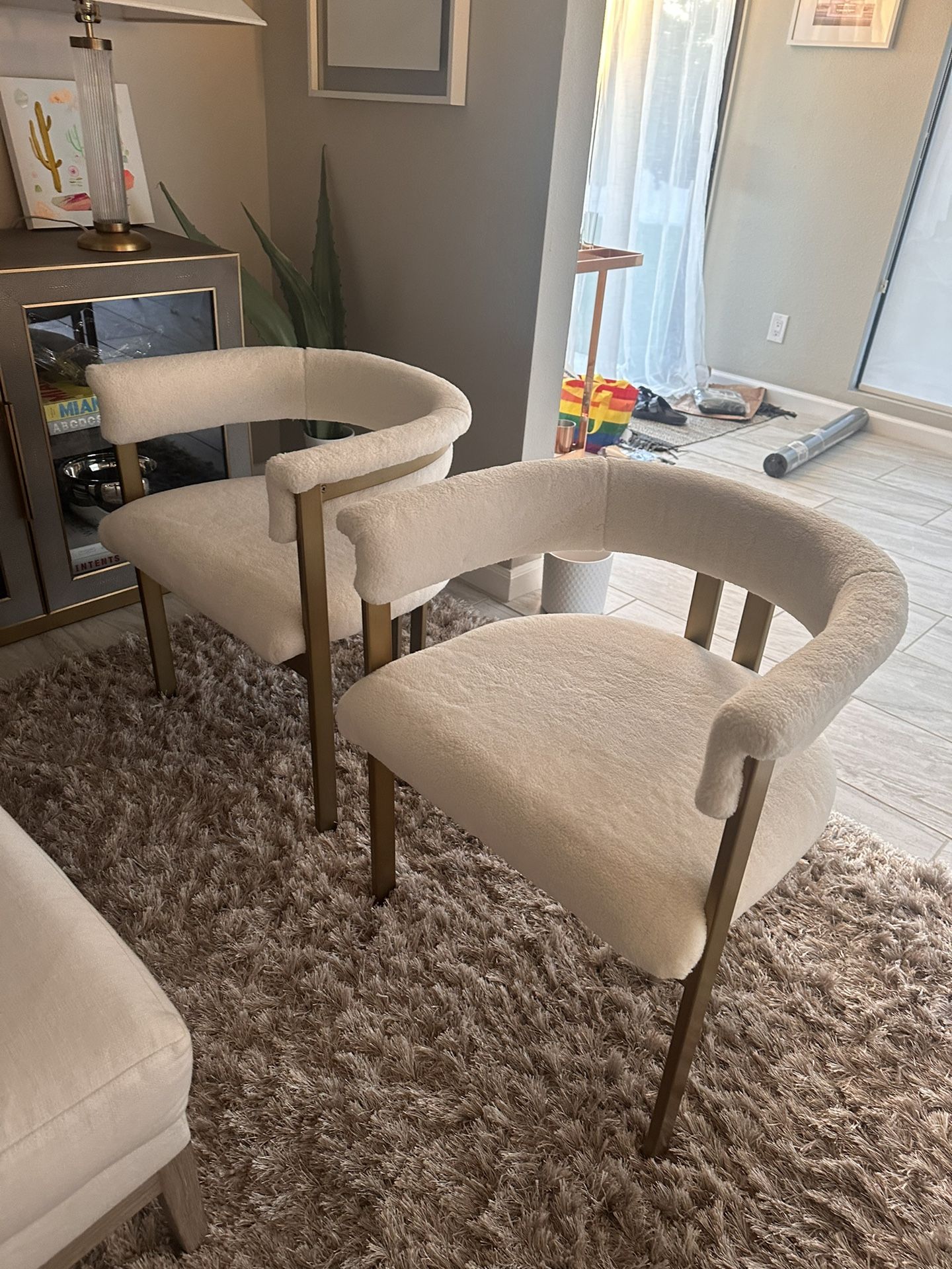 Contemporary White and Gold Dining Chair in Faux Fur Shearling x2
