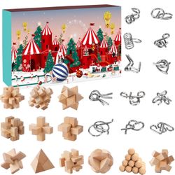 Christmas Advent Calendar 2024, 3D Wooden Puzzle Metal Coil Puzzle Brain Teaser Puzzle, 24 Days of Christmas Countdown Calendar Set for Teens Adults C