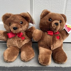 Lot 2 DAKIN Brown HEART THROB Teddy Bear 10’ Plush Red Bow Vintage Stuffed 1985