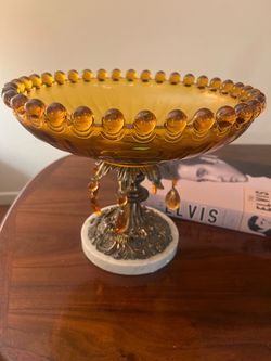 Vintage Amber Glass Compote Fruit Bowl with Marble & Brass Base and Crystal Prisms