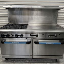 60 Inch Gas Range Radiance Combination On Wheels Double Ovens 36 Inch Flat Top Griddle Four Burner Hot Plate Works Great It’s Available!