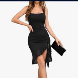 Sexy Ruched Dress for Women Sleeveless Bodycon Dresses Square Neck Ruffle Hem Party Club Midi Dress