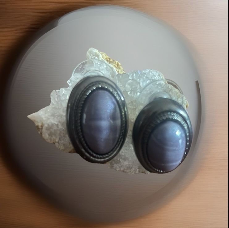 Vintage Hematite Tone Oval Shape Purple Enamel Sparkly Center Elegant Stud Earring