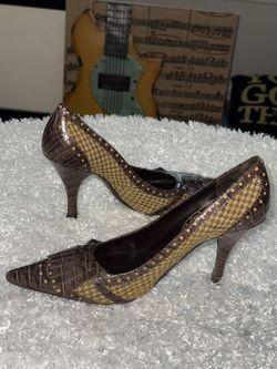 Vintage Nine West Women's Brown Crocodile Leather Pointy Toe Heels/Pumps Size 7