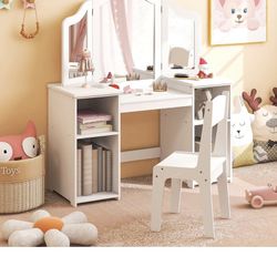 Kids Vanity, 2 in 1 Princess Makeup Desk & Chair Set with Detachable Tri-Folding Mirror, Storage Shelves, Wooden Toddler Vanity Dressing Table, Preten