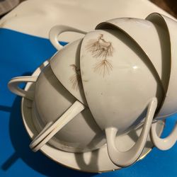Set of 12 Vintage 1950s Larchmont by Sango Brown Pine Saucers Cups(Japan Pine)