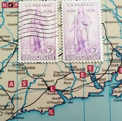 (Lot Of 2) 1936 Scott #777 Rhode Island Roger Williams 3-Cent Stamps Post Marked Canceled. The stamp in the image is a United States 3-cent violet sta