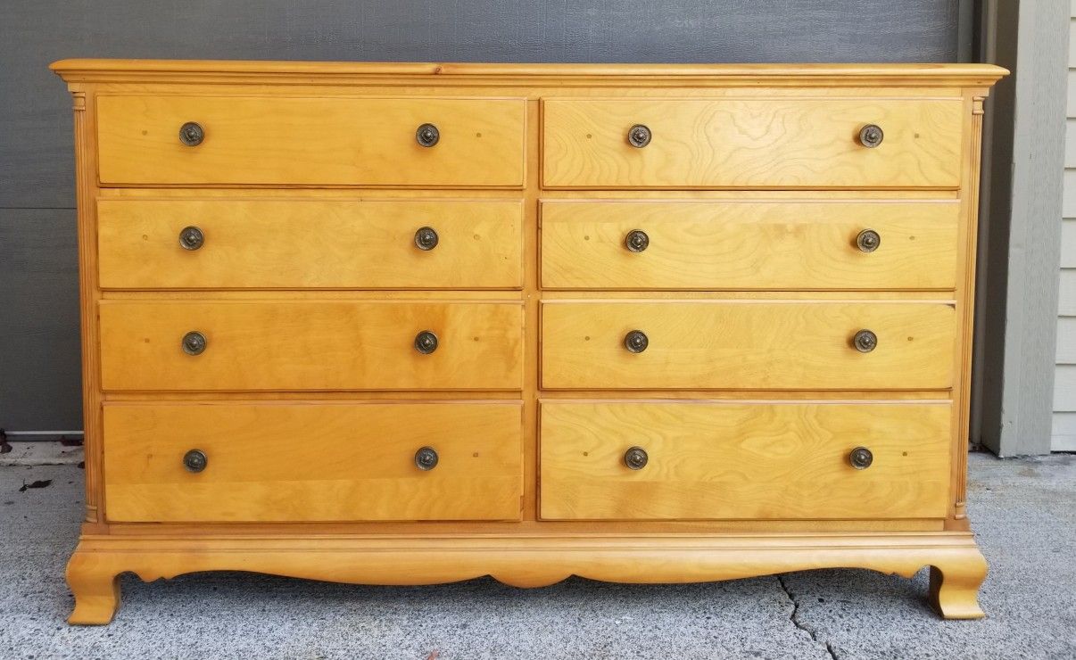 Vintage Solid Wood 8 Drawer Dresser, Ornate Metal Knobs