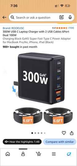 ROOEUSC 300W GaN5 6-Port USB-C Charger with Cables