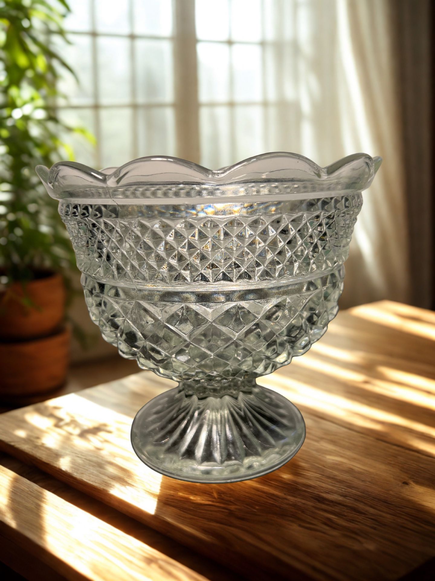 Anchor Hocking USA 1960s Wexford Clear Glass Pedestal Compote Serving Bowl, 8x7”