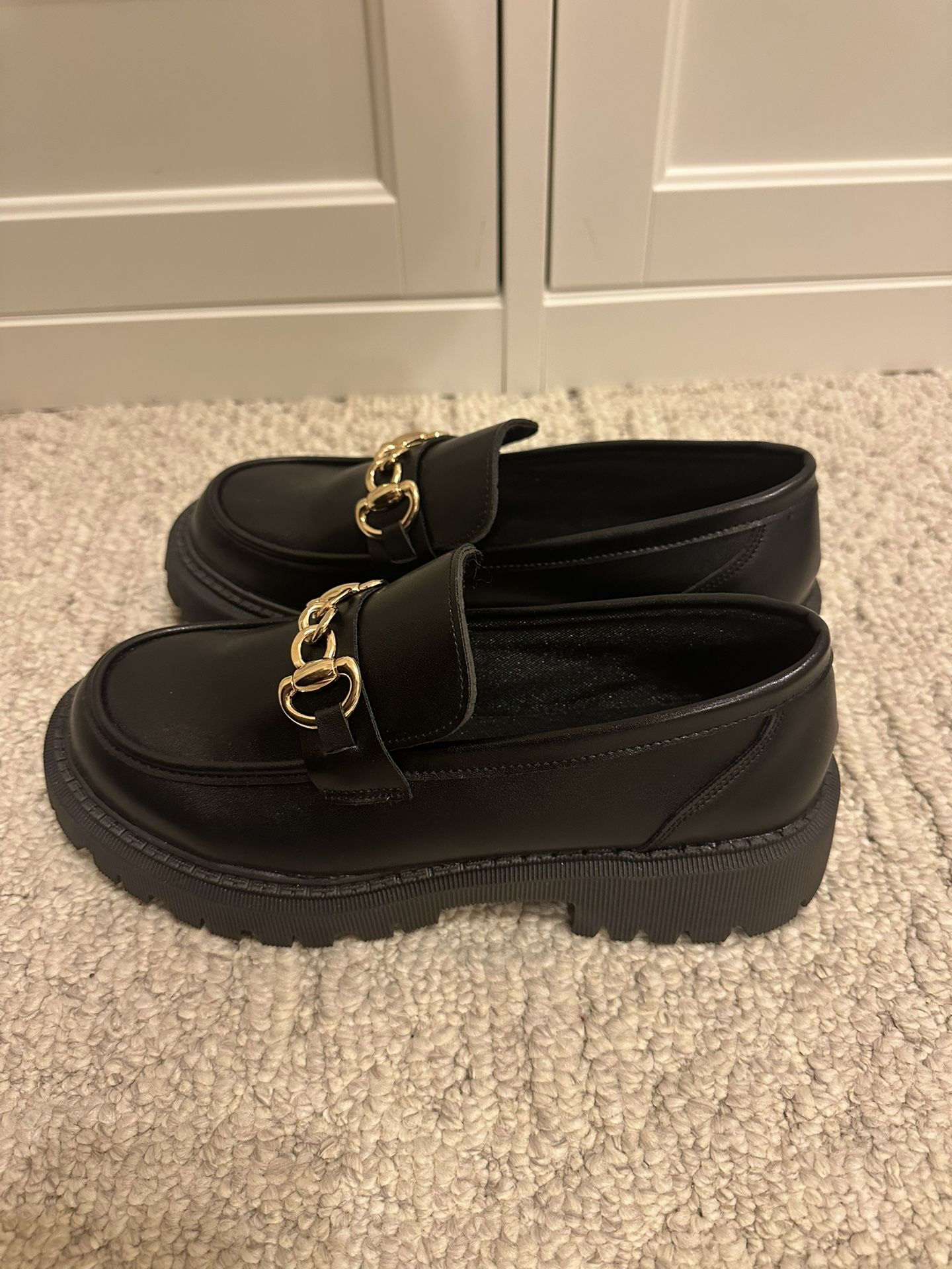 Women’s Black Loafers With Gold Buckle