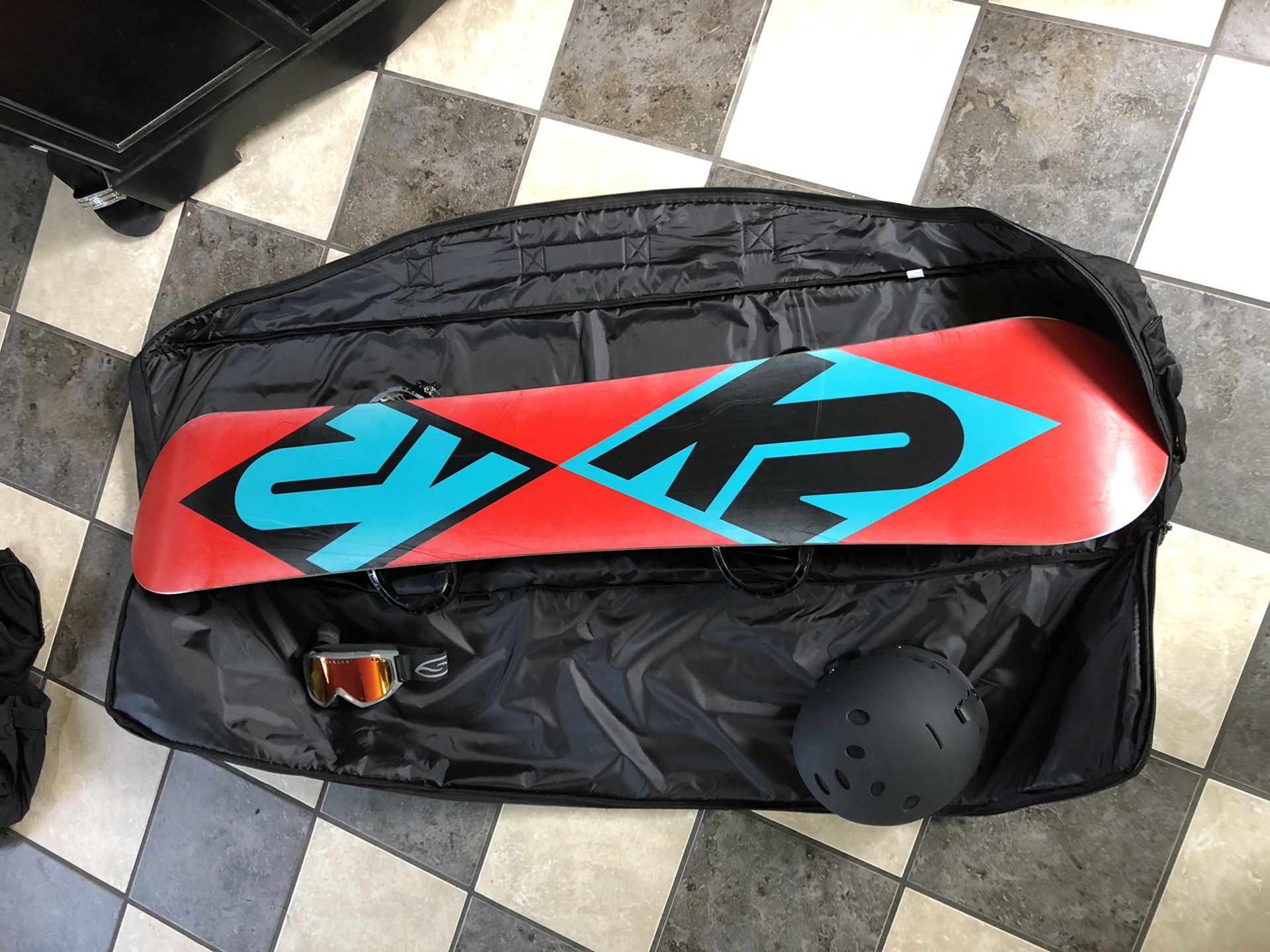 2017 K2 Snowboard 160cm (Element Bindings), Triple EightHelmet (Smith goggles), Demon Snowboard Bag
