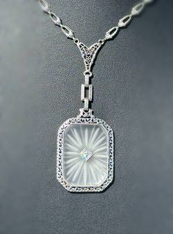 Art Deco Antique Jewelry 14k white gold natural diamond 0.03CT. Camphor Glass necklace chain 16.00" 4.00mm width